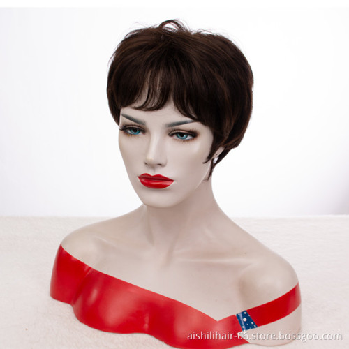 Wholesale heat resistant wig  stort dark brown fibre with natural bangs synthetic hair wig for women